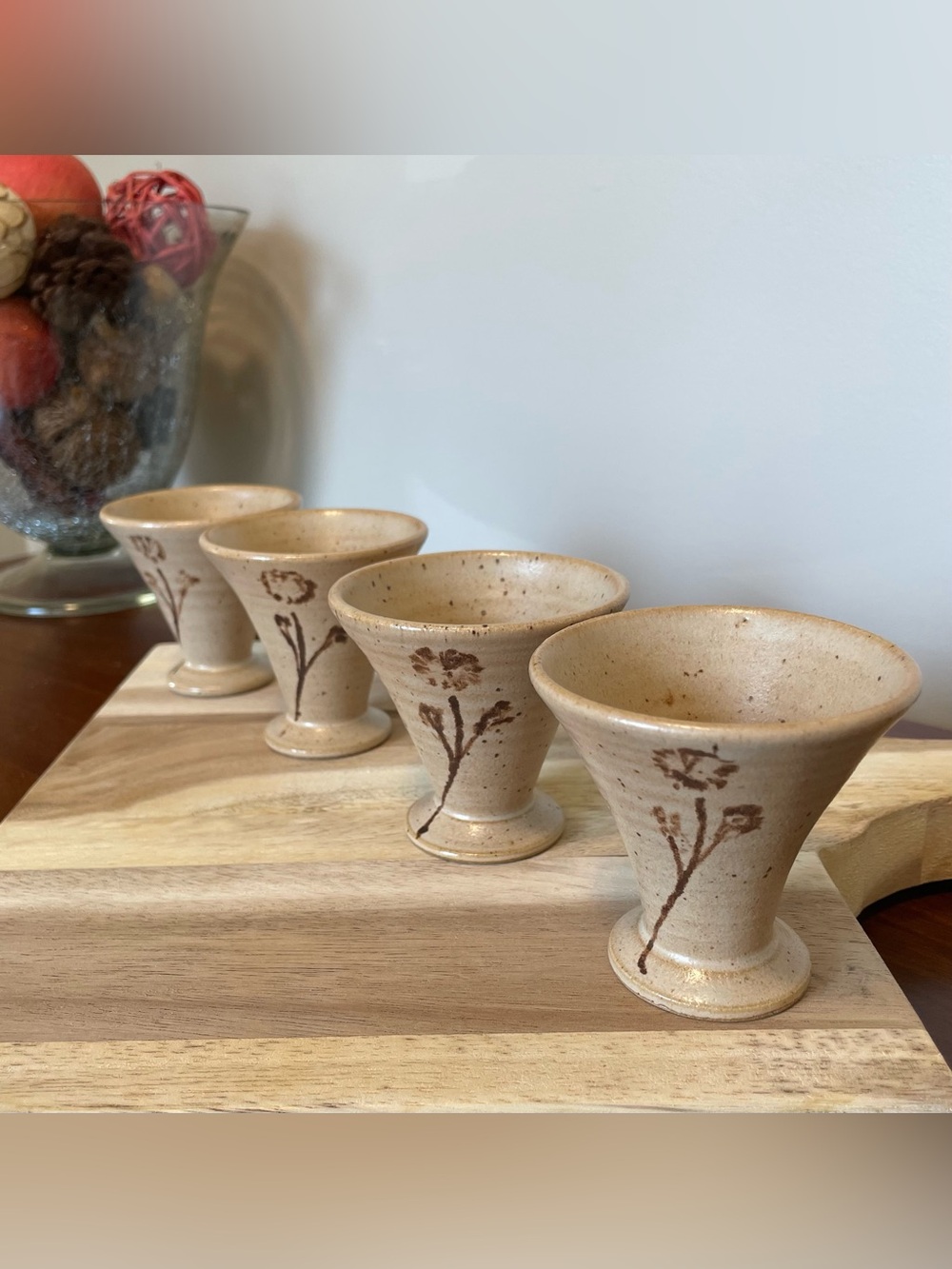 Studio Pottery Sake Cups with Floral Motif - Set of 4